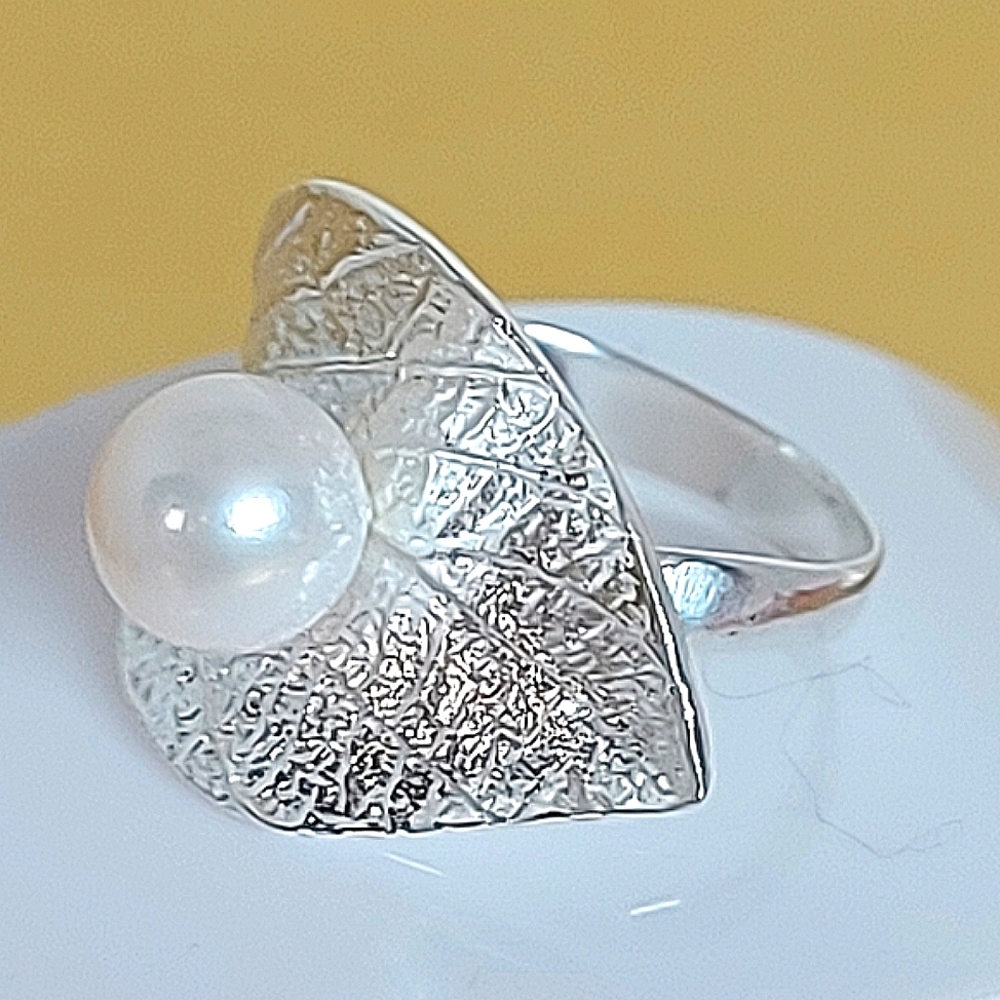 Natural Creamy White Pearl 7mm 925 Sterling Silver Leaf Ring‎ Sz 7 - Picture 5 of 8